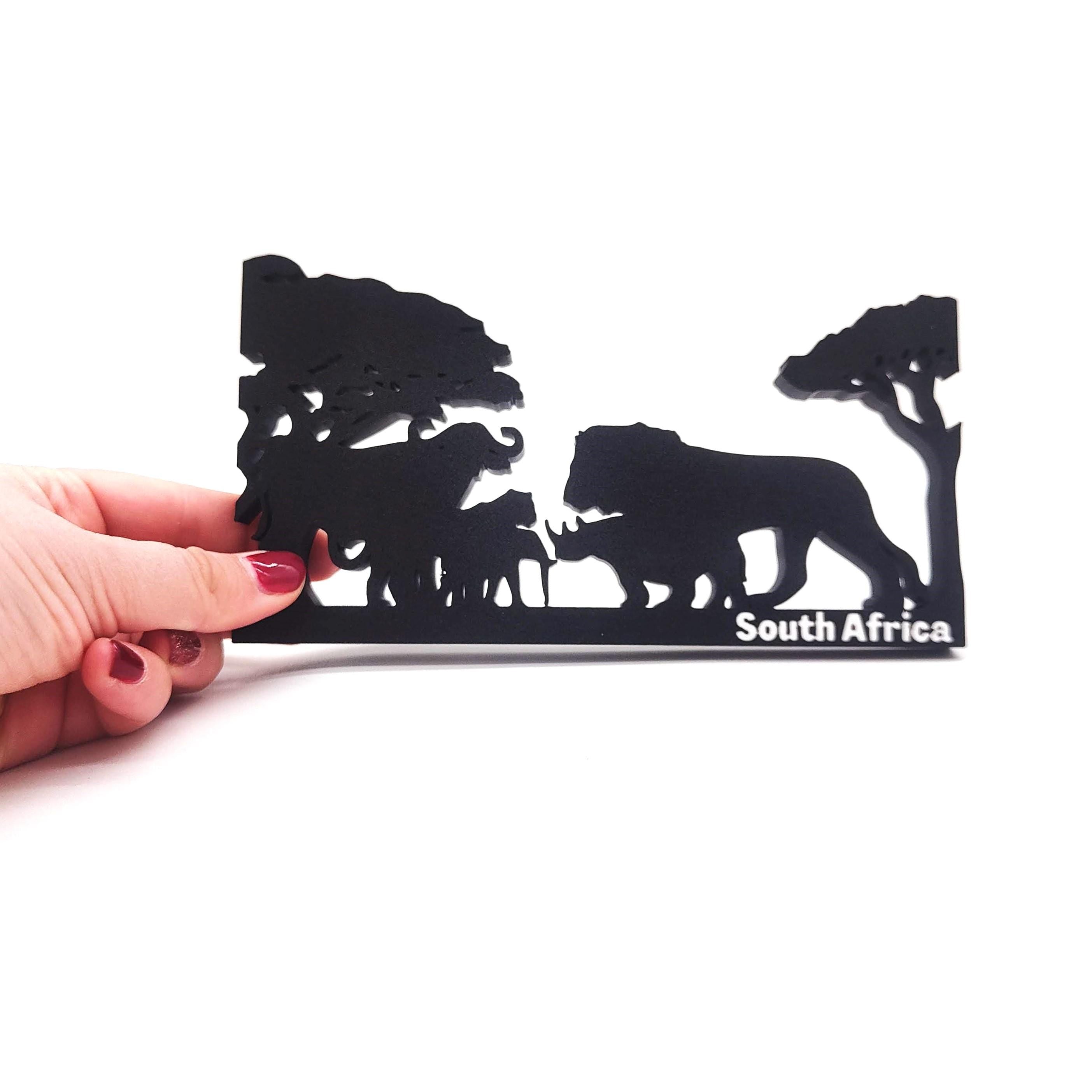 South Africa Big Five Safari Silhouette - African Wildlife Art Decoration Featuring Elephant, Rhino, Lion, and Acacia Trees